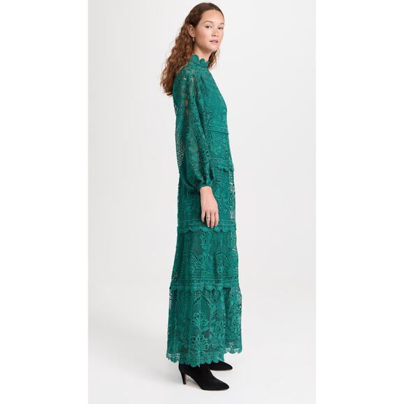 NWT FARM RIO Dark Green Guipure Long Sleeve Maxi Dress Medium M - Picture 3 of 12